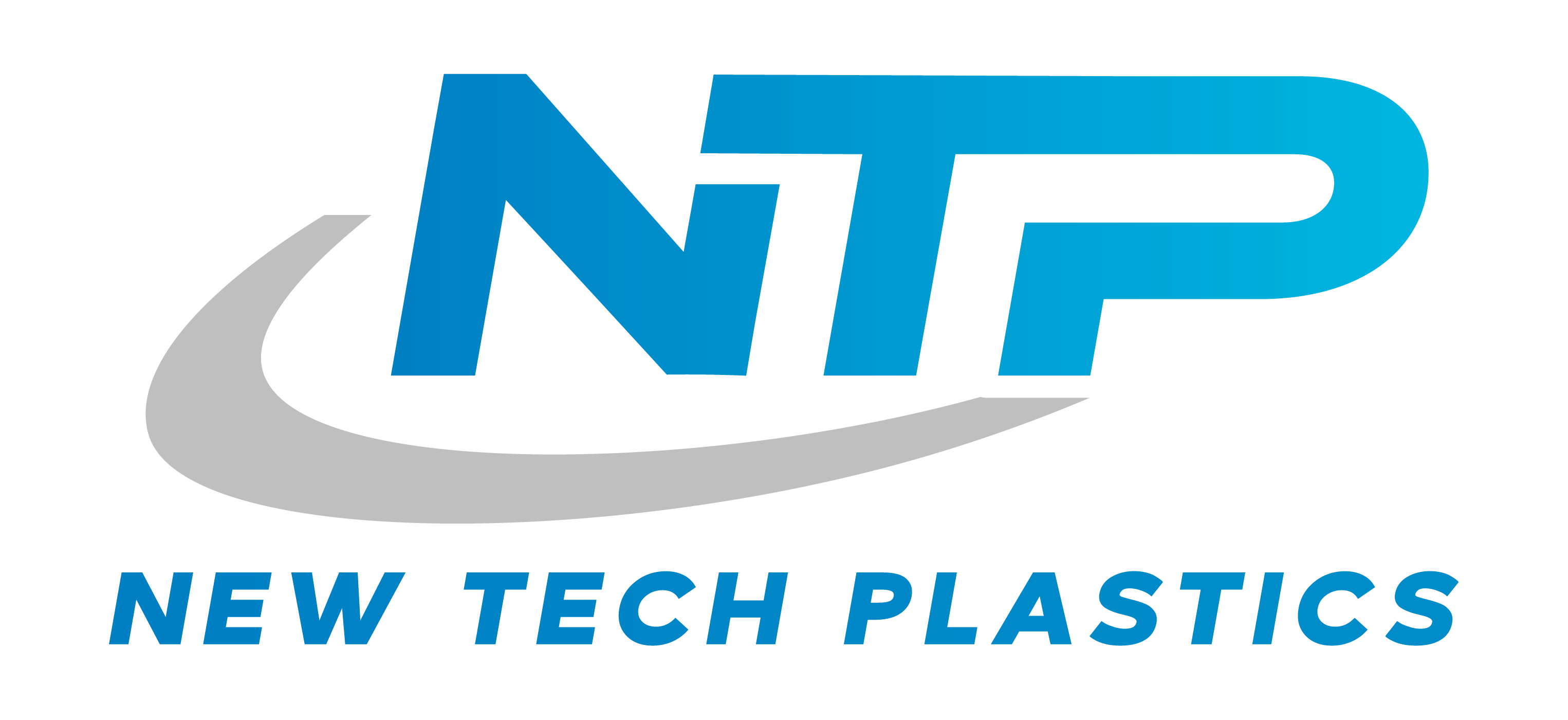 New Tech Plastics logo, blue text with a gray swoosh design