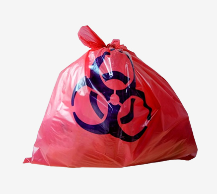 Red biohazard waste bag on white background for safe disposal.